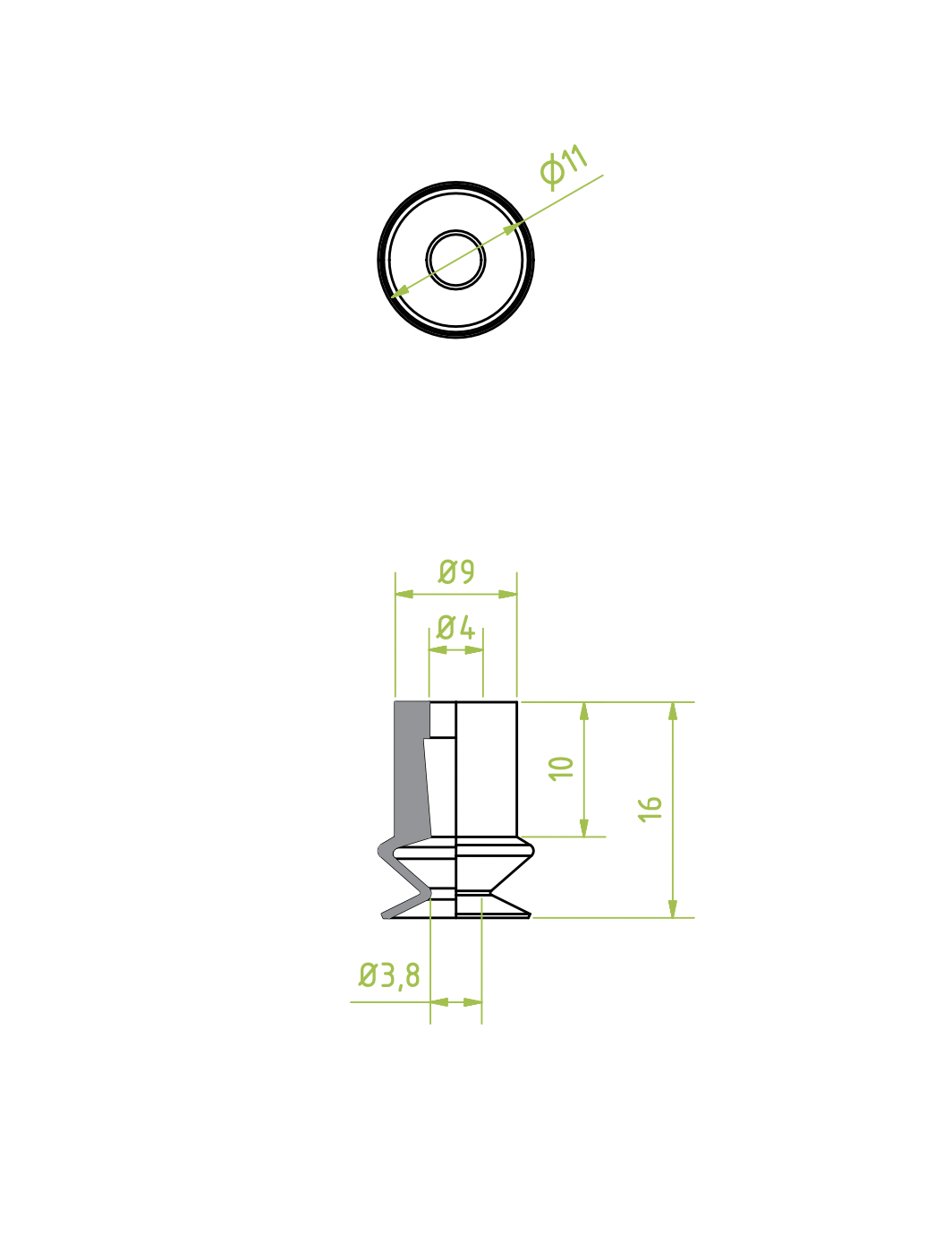 1,5 redős vákuumkorong, D= 11 mm, csatlakozó nélkül, chloroprene gumi fekete