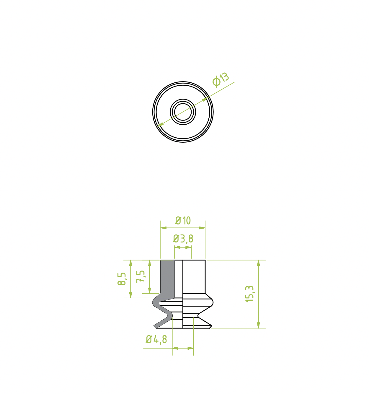 1,5 redős vákuumkorong, D= 13 mm, csatlakozó nélkül, TBA kék RAL 5017, 60° Shore