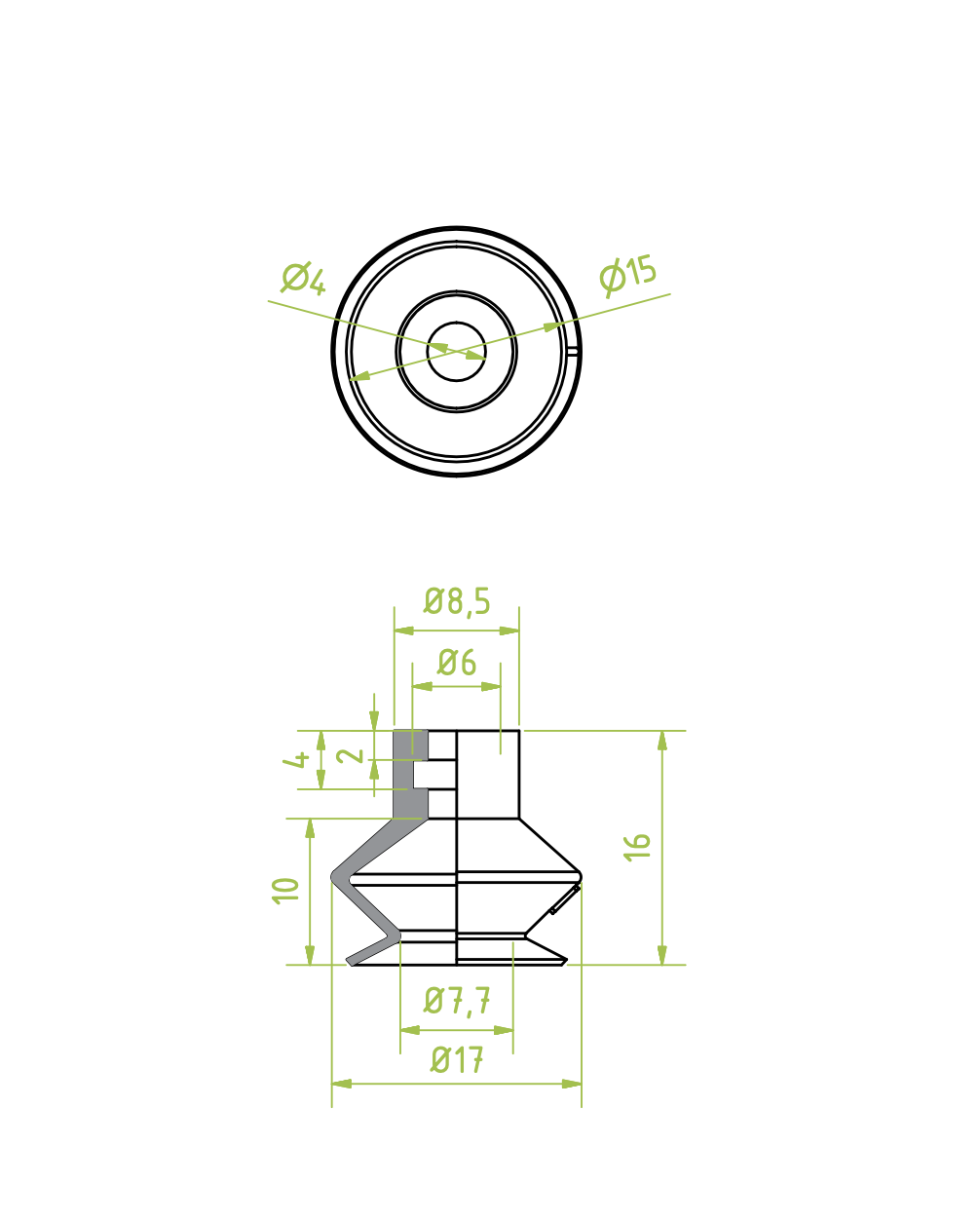 1,5 redős vákuumkorong, D= 15 mm, csatlakozó nélkül, FKM