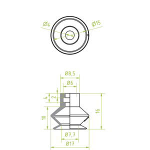 1,5 redős vákuumkorong, D= 15 mm, csatlakozó nélkül, TBA polyurethane gumi