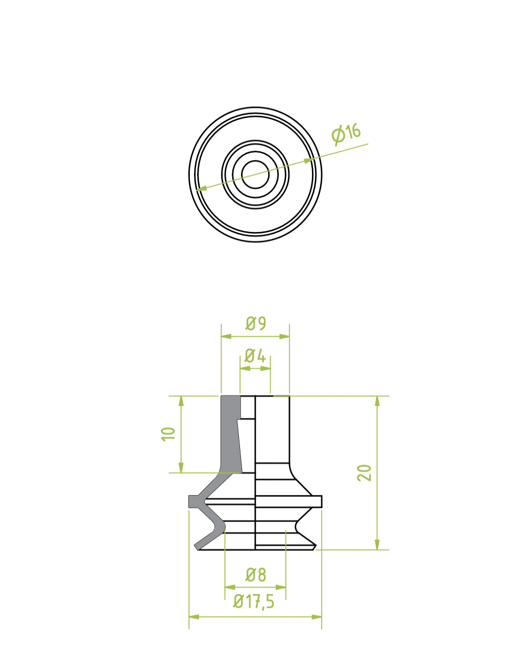 1,5 redős vákuumkorong , D= 16 mm, csatlakozó nélkül, szilikon piros erősített 30 Shore