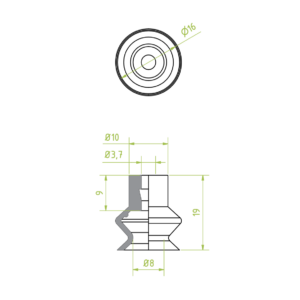 1,5 redős vákuumkorong, D= 16 mm, csatlakozó nélkül, furattal 4 mm, FKM