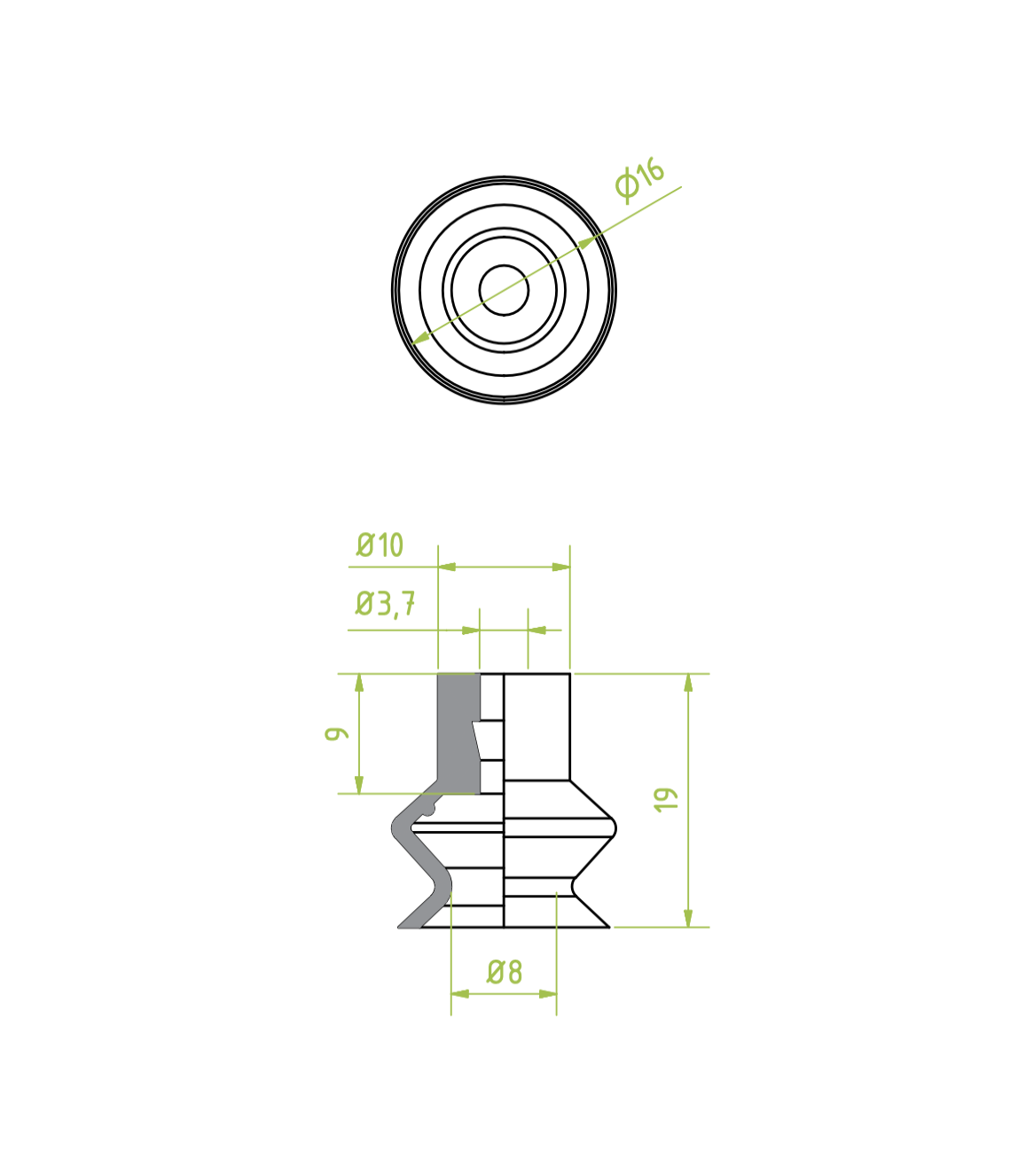 1,5 redős vákuumkorong vákuumkorong, D= 16 mm, 1,5 redős, csatlakozó nélkül, SI átlátszó