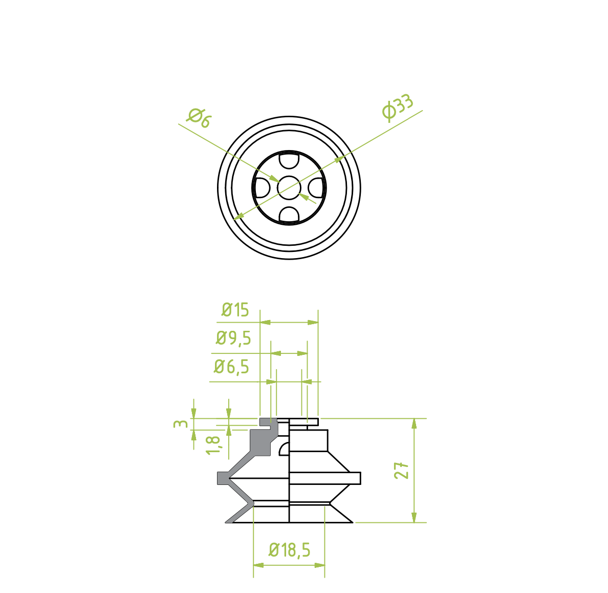 1,5 redős vákuumkorong, D= 33 mm, csatlakozó nélkül, NBR fekete gyűrű nélkül