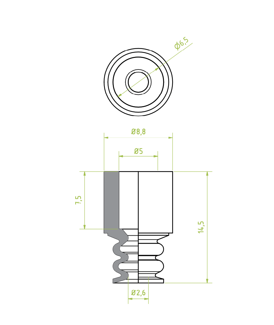 Harmonikás vákuumkorong, D= 6,5 mm, 2,5 redős, csatlakozó nélkül, NR