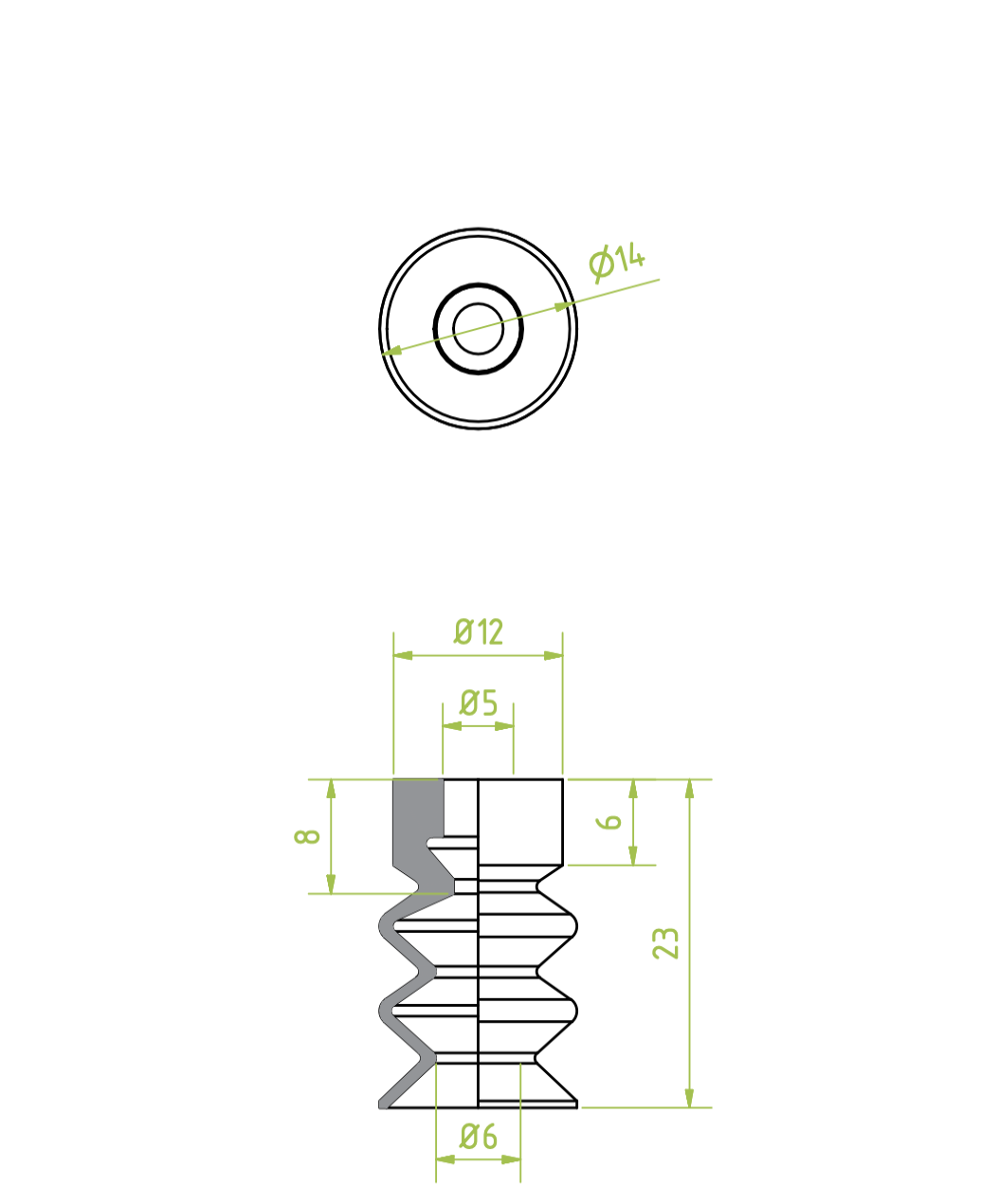 Harmonikás vákuumkorong, D= 14 mm, 2,5 redős, csatlakozó nélkül, EPDM