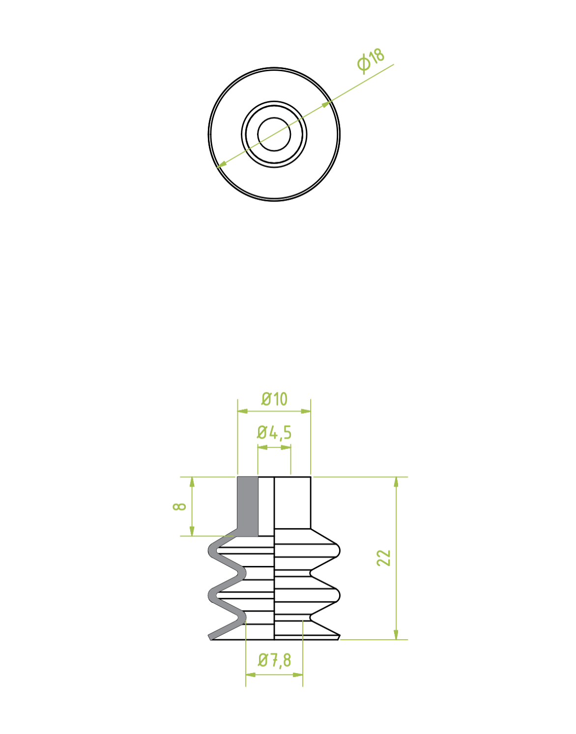 Harmonikás vákuumkorong, D= 18 mm, 2,5 redős, csatlakozó nélkül, natúr gumi szürke, 40°Shore