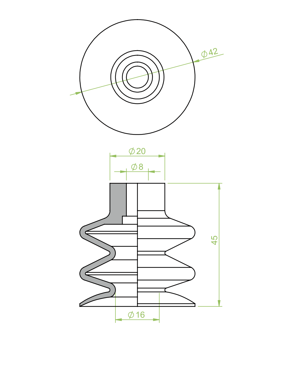 Harmonikás vákuumkorong, D= 43 mm, 2,5 redős, csatlakozó nélkül, FKM