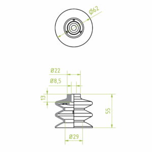 Harmonikás vákuumkorong, D= 62 mm, 2,5 redős, csatlakozó nélkül, FKM zöld