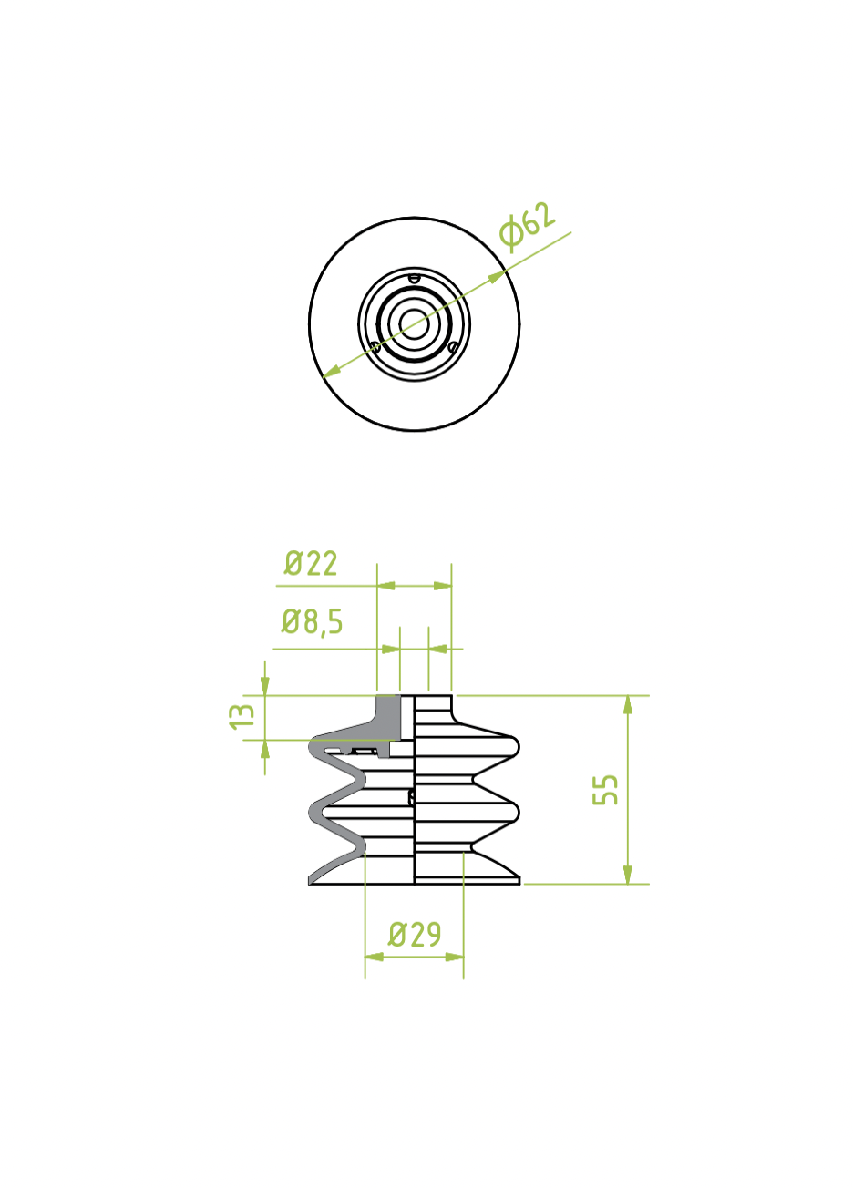 Harmonikás vákuumkorong, D= 62 mm, 2,5 redős, csatlakozó nélkül, TBA 60° shore, RAL 5017