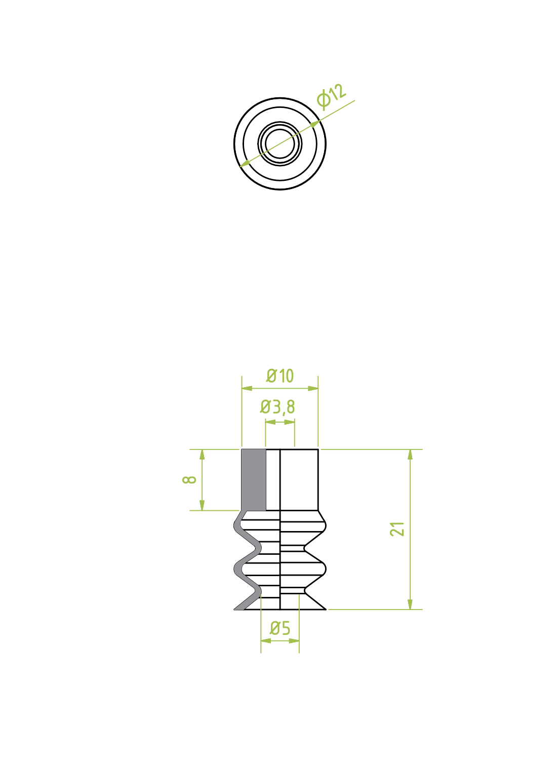Harmonikás vákuumkorong, D= 12 mm, 2,5 redős, 4 mm-es furat, csatlakozó nélkül, NBR