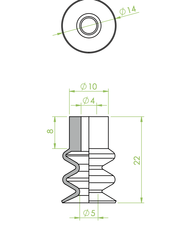 Harmonikás vákuumkorong, D= 14 mm, 2,5 redős, csatlakozó nélkül, chloroprene