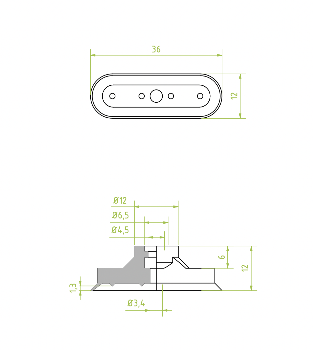 Ovális/négyszögletű lapos vákuumkorong 36 x 12 mm, csatlakozó nélkül, gyűrűvel, NBR fekete