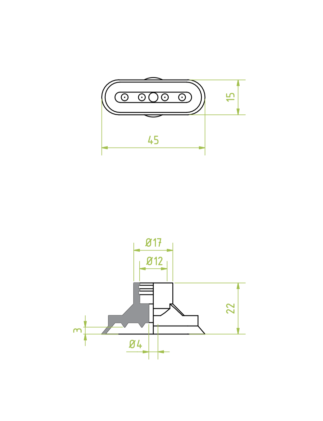 Ovális/négyszögletű-lapos vákuumkorong 45 x 15 mm, csatlakozó nélkül, gyűrűvel, NBR fekete