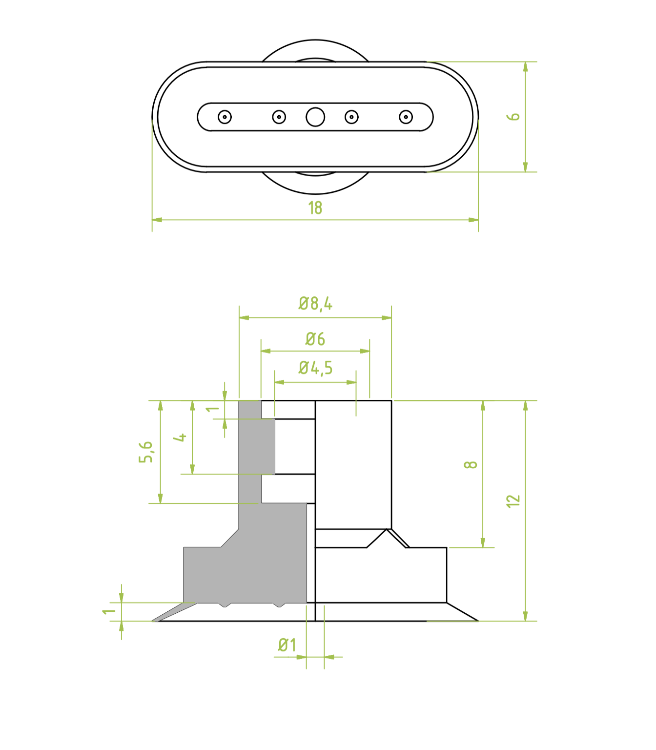 Ovális/téglalap alakú, lapos vákuumkorong 18 x 6 mm, csatlakozó nélkül, NBR fekete