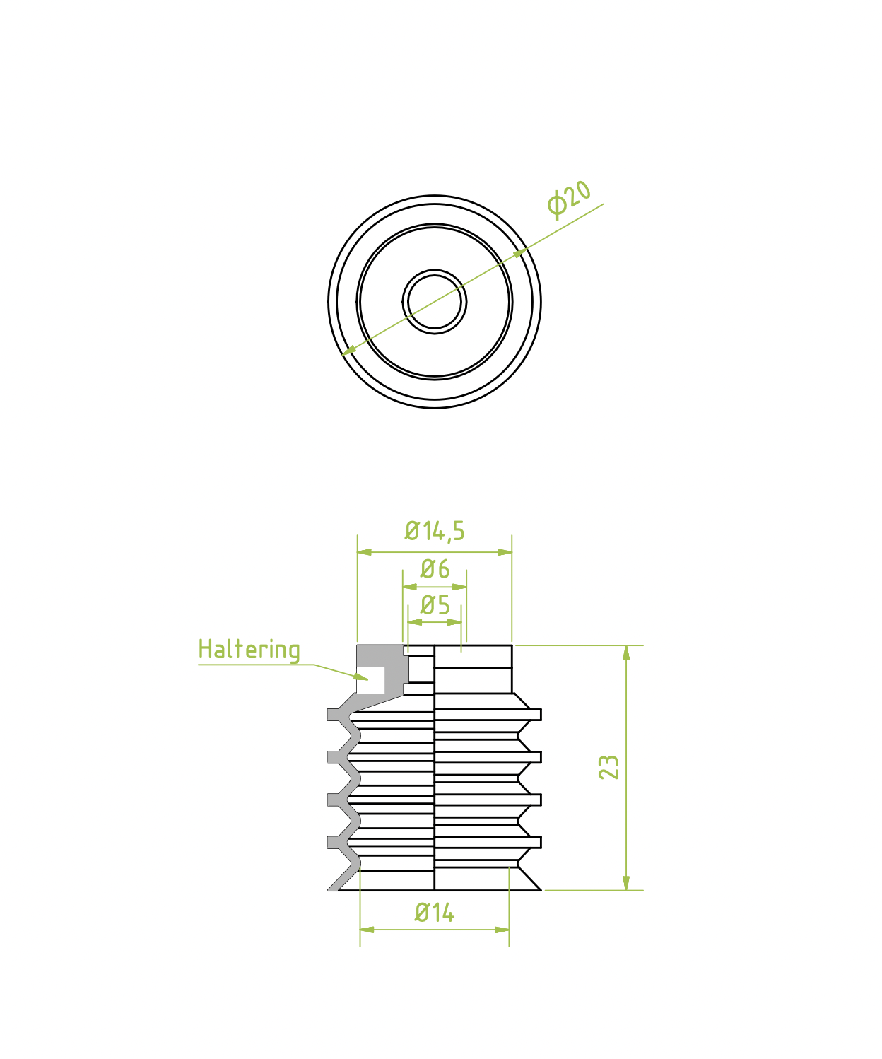 Harmonikás vákuumkorong, D= 20 mm, 4,5 redős, csatlakozó nélkül, szilikon átlátszó gyűrűvel