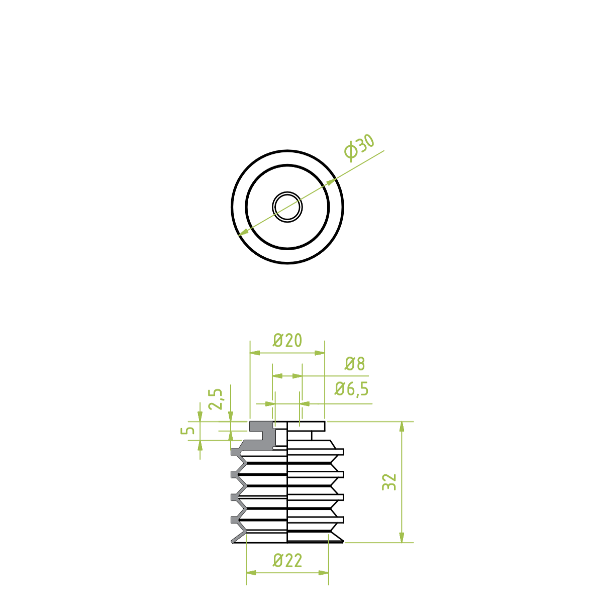 Harmonikás vákuumkorong, D= 30 mm, 4,5 redős, csatlakozó nélkül, natúr gumi gyűrűvel