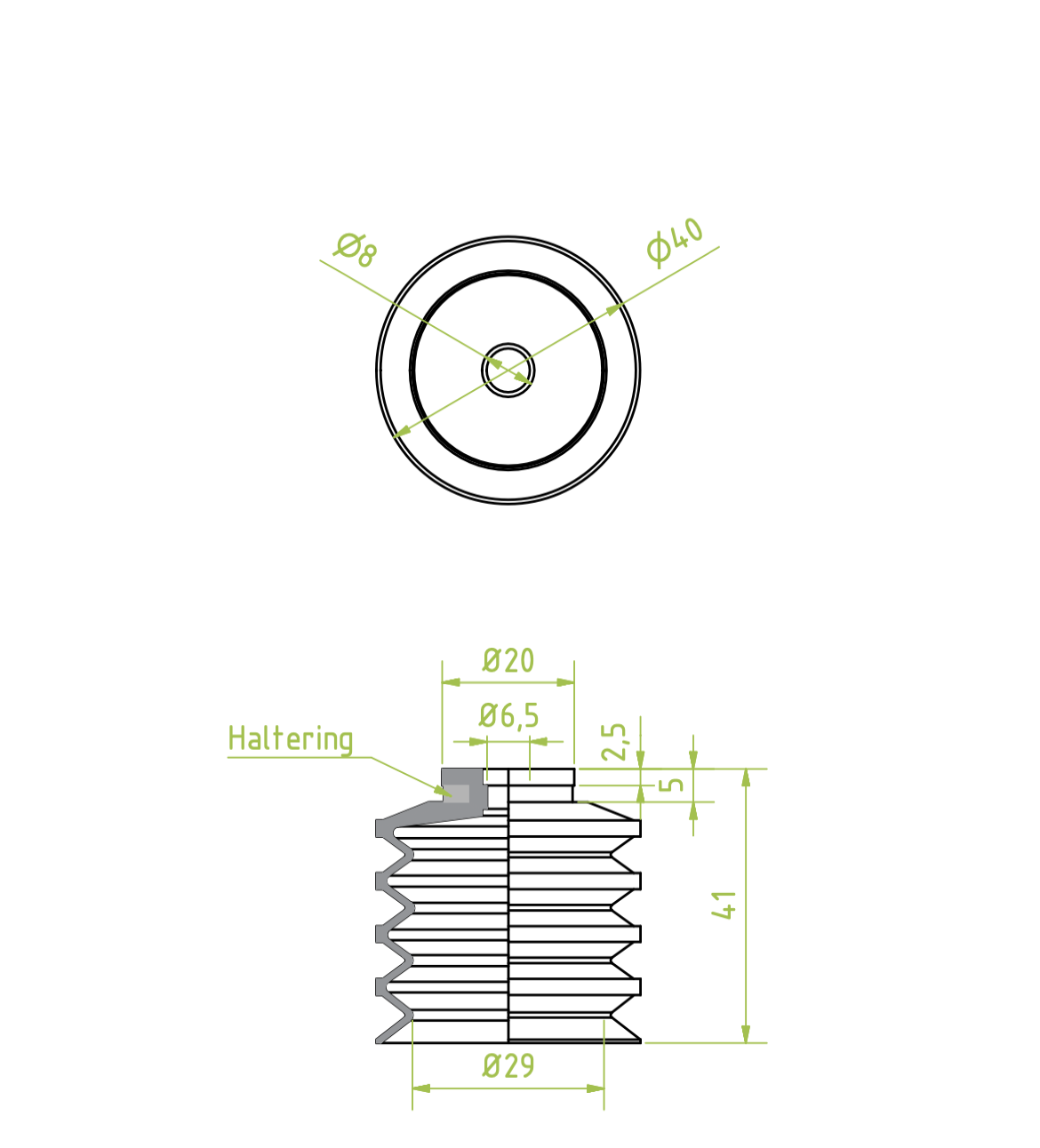 Harmonikás vákuumkorong, D= 40 mm, 4,5 redős, csatlakozó nélkül, szilikon átlátszó gyűrűvel
