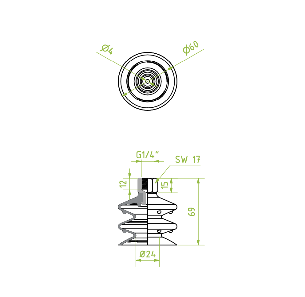 Harmonikás vákuumkorong, D= 60 mm, 2,5 redős, Csatlakozó Belső menet 1/4" integrált, NBR fekete