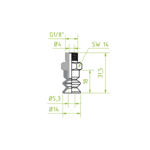 Harmonikás vákuumkorong, D= 14 mm, 1,5 redős, Csatlakozó Külső menet 1/8" integrált, SI átlátszó