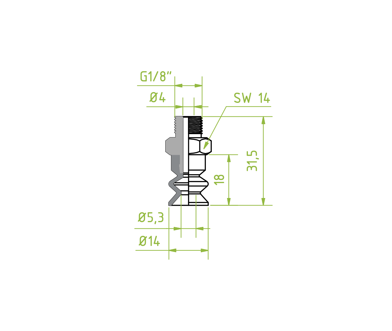Harmonikás vákuumkorong, D= 14 mm, 1,5 redős, Csatlakozó Külső menet 1/8" integrált, SI átlátszó