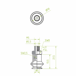 Harmonikás vákuumkorong, D= 8 mm, 1,5 redős, Csatlakozó Külső menet M5 integrált, TBA polyurethan kék
