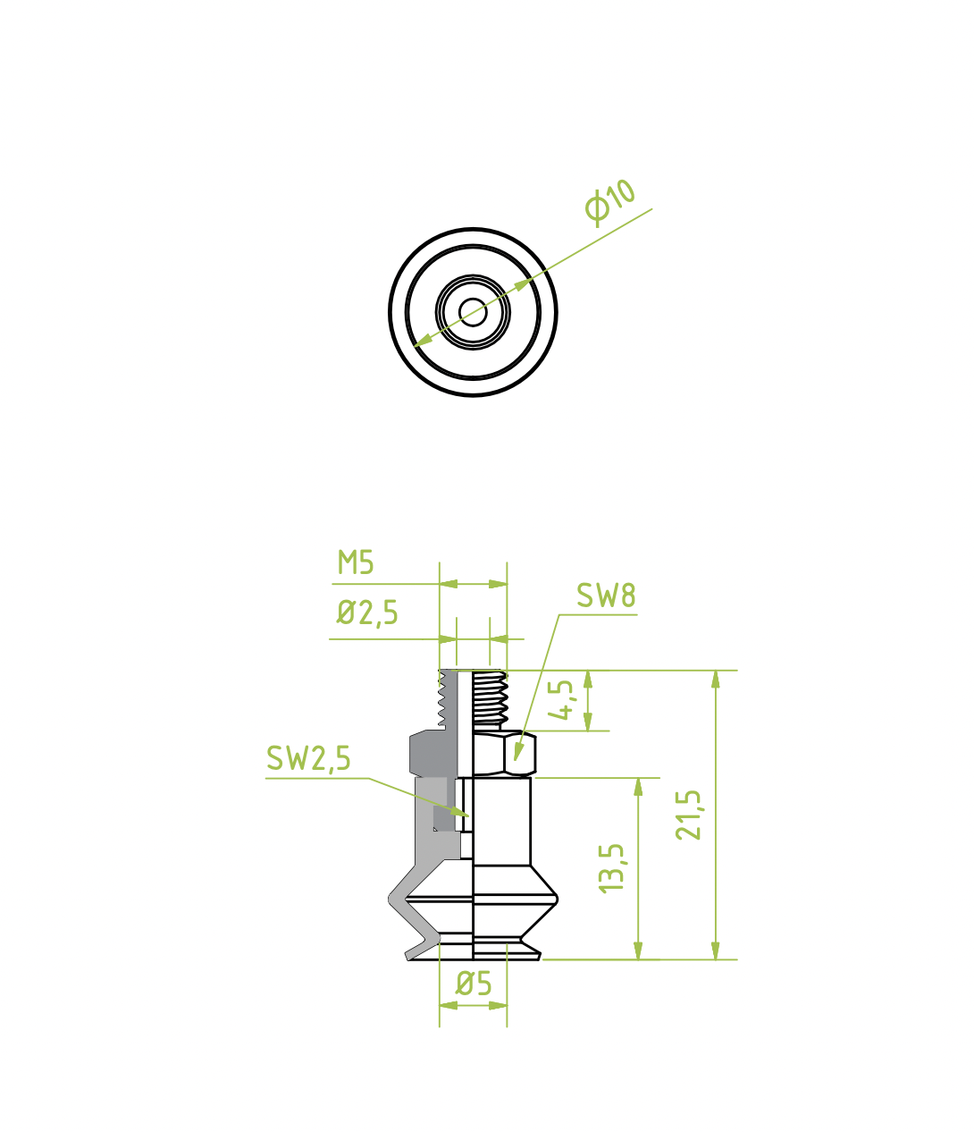 Harmonikás vákuumkorong, D= 8 mm, 1,5 redős, Csatlakozó Külső menet M5 integrált, TBA polyurethan kék
