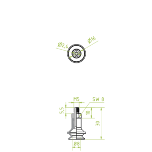 Harmonikás vákuumkorong, D= 16 mm, 1,5 redős, Csatlakozó Külső menet M5 integrált, NBR