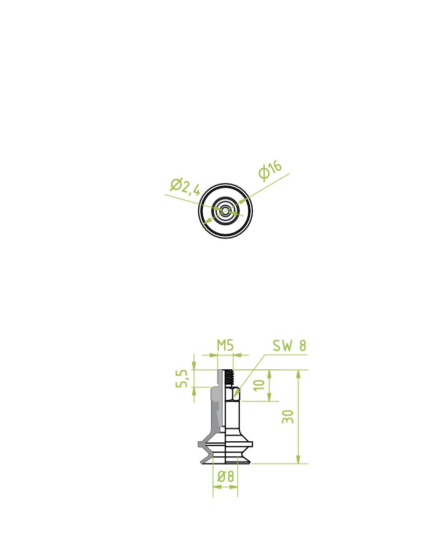 Harmonikás vákuumkorong, D= 16 mm, 1,5 redős, Csatlakozó Külső menet M5 integrált, NBR