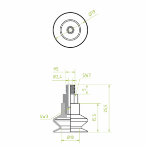 Harmonikás vákuumkorong, D= 19 mm, 1,5 redős, csatlakozó Külső menet M5 integrált, szilikon