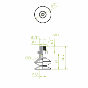 Harmonikás vákuumkorong, D= 25 mm, 1,5 redős, Csatlakozó Külső menet 1/8" integrált, TBA polyurethan kék