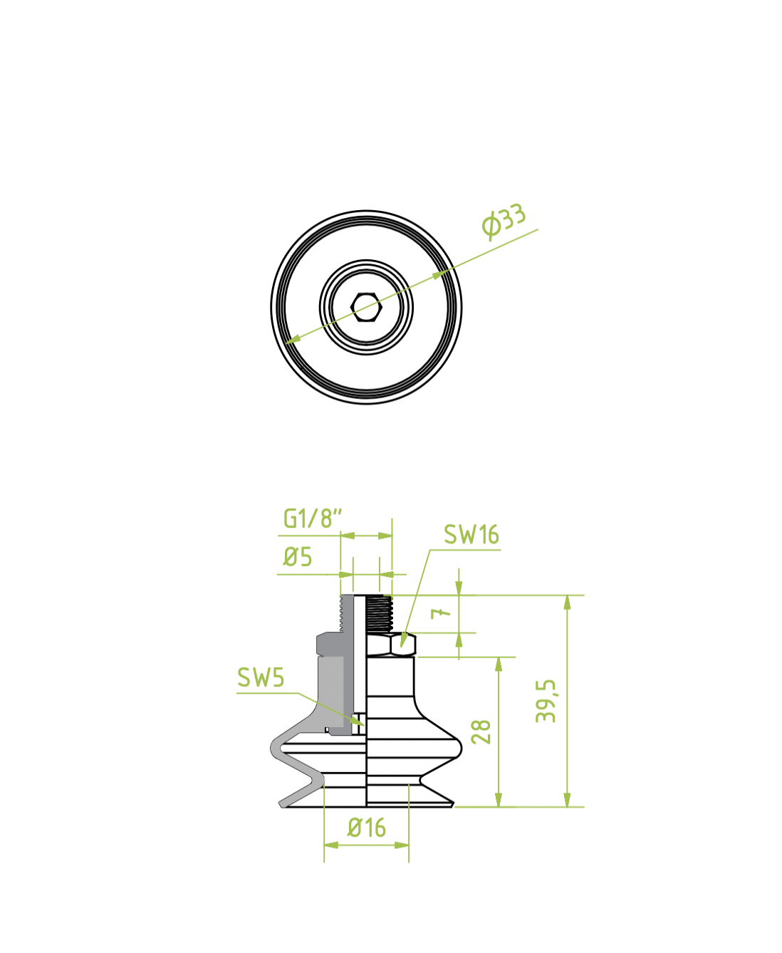 Harmonikás vákuumkorong, D= 33 mm, 1,5 redős, Csatlakozó Külső menet 1/8" integrált, szilikon