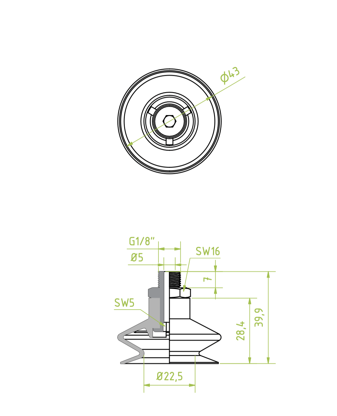 Harmonikás vákuumkorong, D= 43 mm, 1,5 redős, Csatlakozó Külső menet 1/8" integrált, szilikon