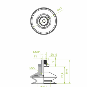 Harmonikás vákuumkorong, D= 43 mm, 1,5 redős, Csatlakozó Külső menet 1/8" integrált, TBA polyurethan kék