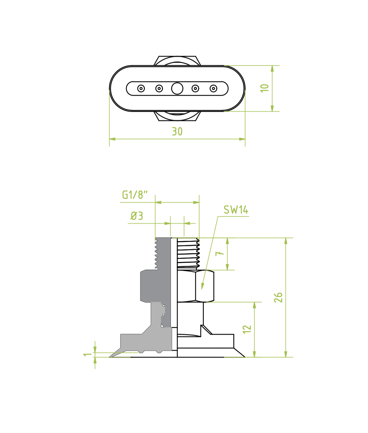 Ovális alakú lapos vákuumkorong 30 x 10 mm, Csatlakozó külső menet G1/8" gyűrűvel, NBR