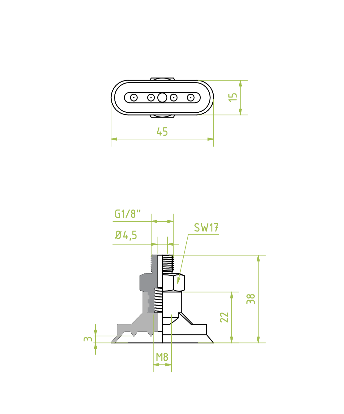 Ovális lapos vákuumkorong 45 x 15 mm, Csatlakozó külső menet G1/8" gyűrűvel, NBR fekete