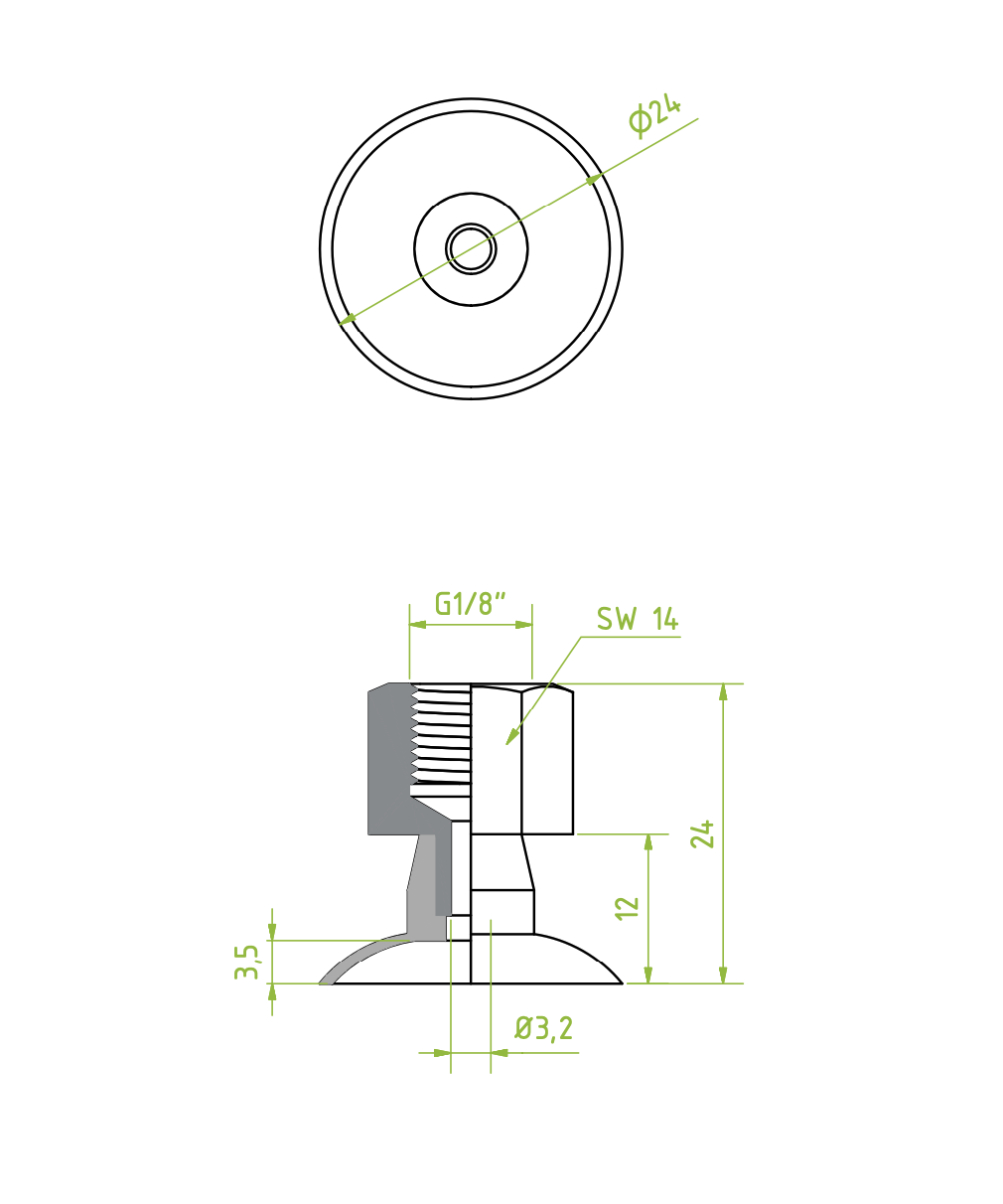 Lapos vákuumkorong, D= 22 mm, Csatlakozó Belső menet 1 /8" vulkanizált, NBR