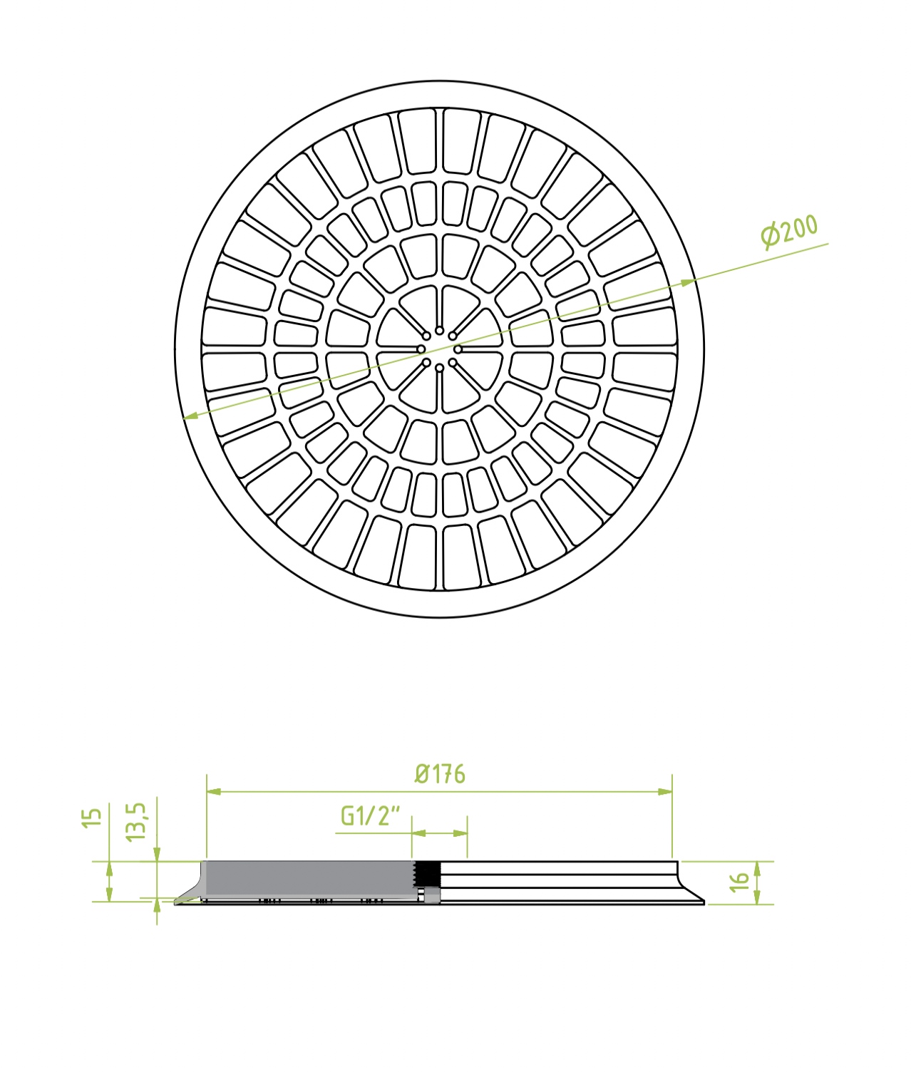 Lapos vákuumkorong, D= 200 mm, Csatlakozó Belső menet 1/2" vulkanizált, NBR szürke