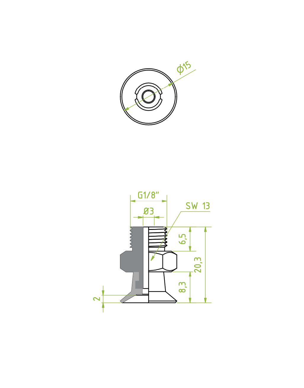 Lapos vákuumkorong, D= 15 mm, Csatlakozó külső menet 1/8" vulkanizált, SI kék