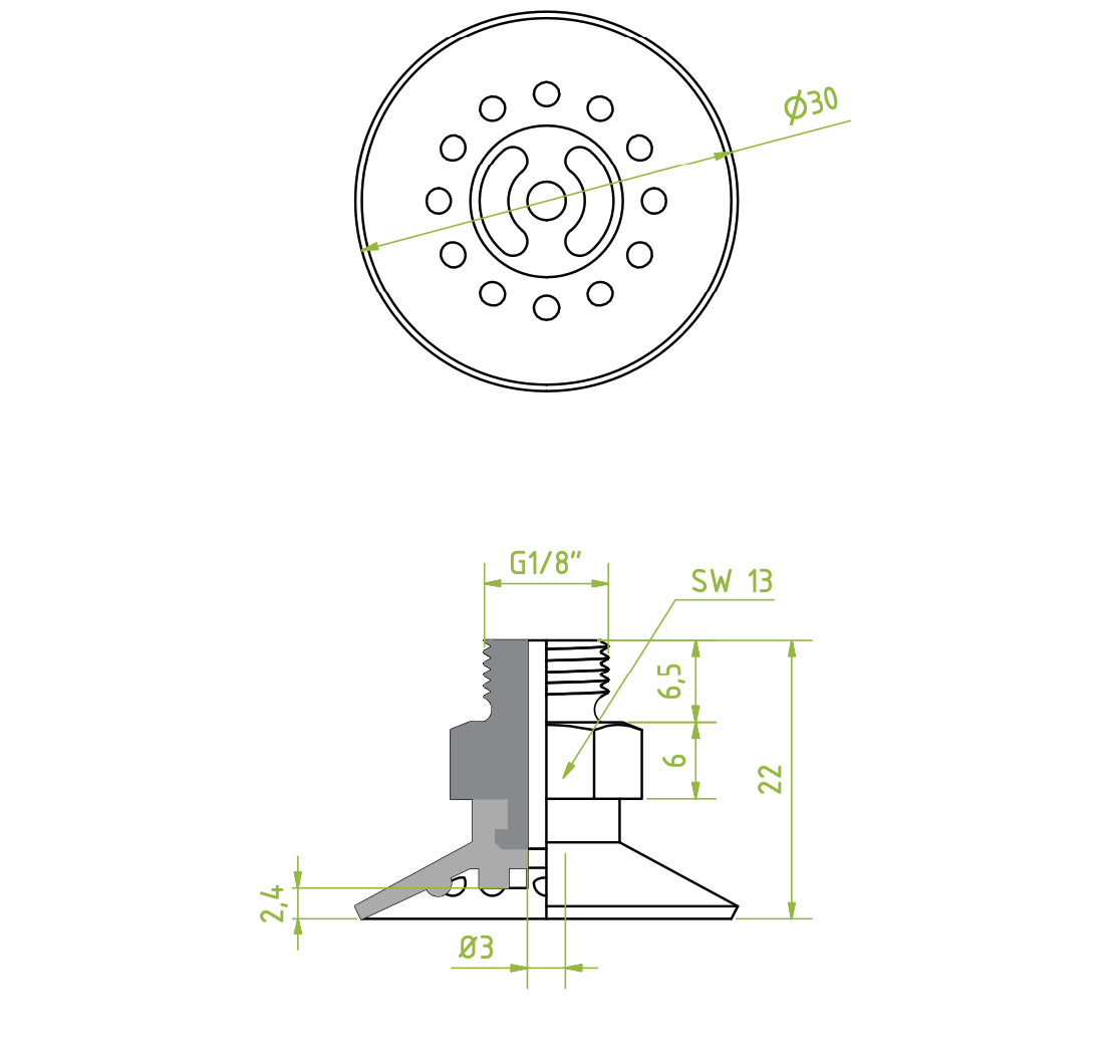 Lapos vákuumkorong, D= 30 mm, Csatlakozó külső menet 1/8" vulkanizált, SI kék