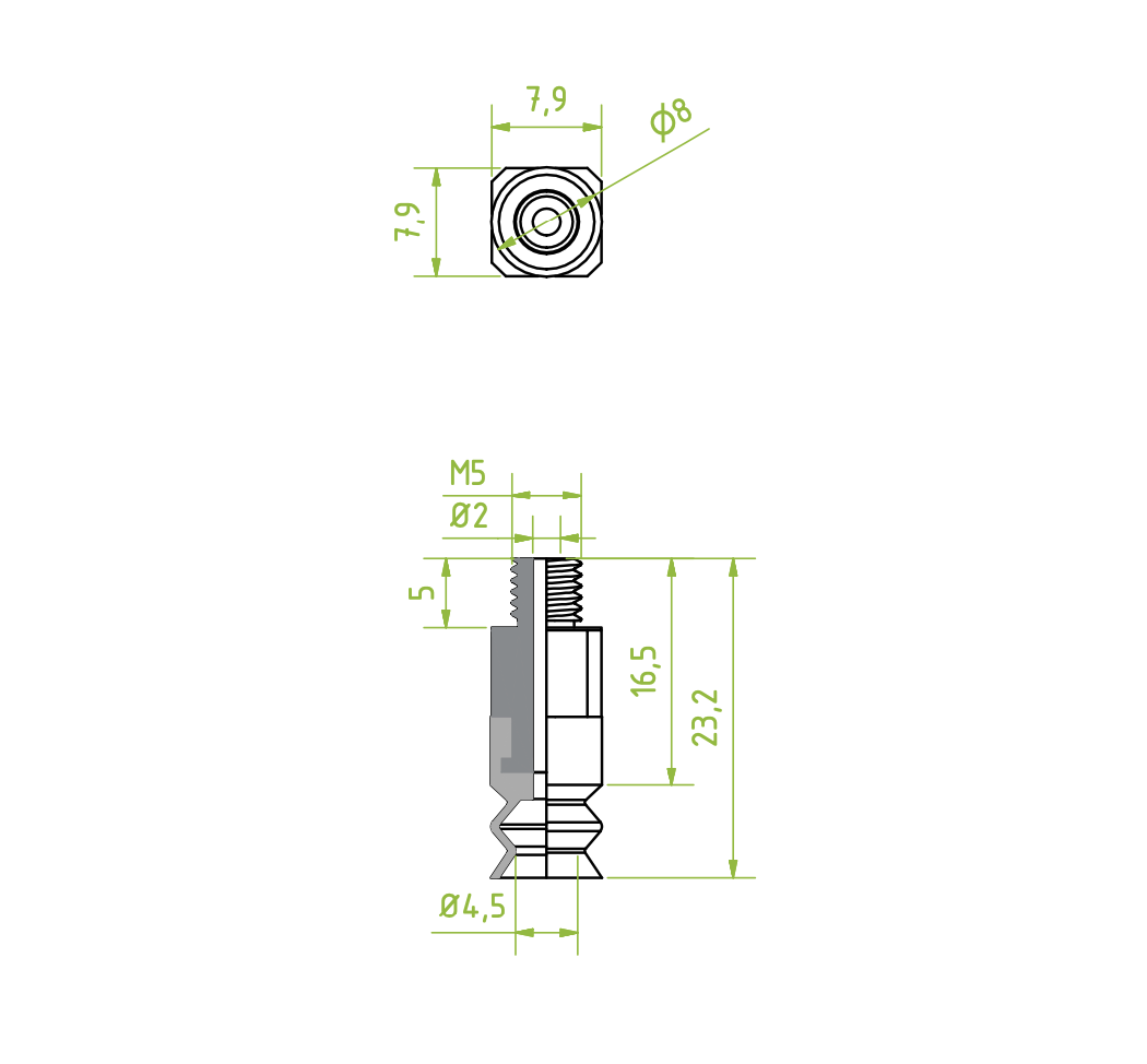 Harmonikás vákuumkorong, D= 8 mm, 1,5 redős, Integrált csatlakozó Külső menet M5 vulkanizált, NBR fekete