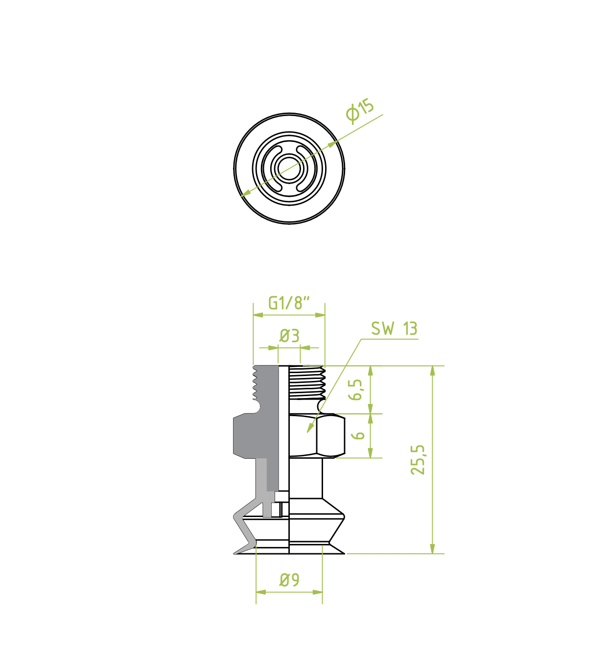 Harmonikás vákuumkorong, D= 15 mm, 1,5 redős, Csatlakozó integrált külső menet 1/8 vulkanizált, SI kék