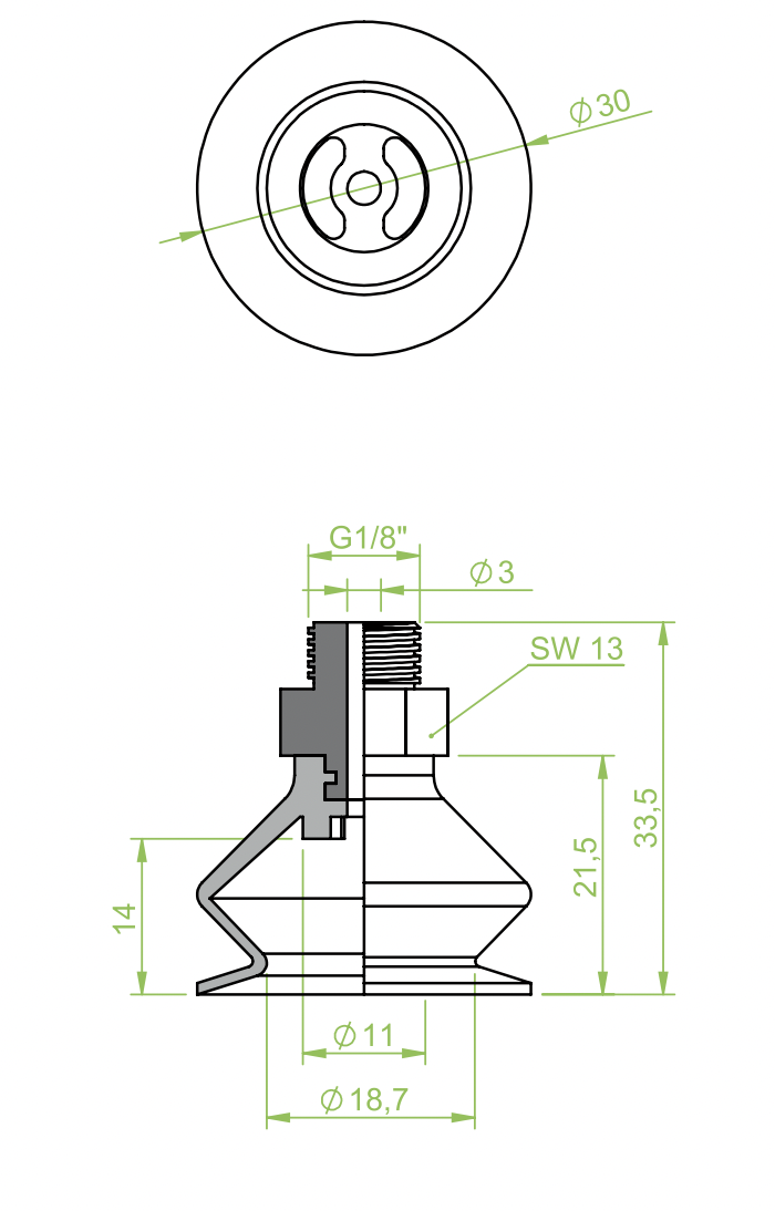 Harmonikás vákuumkorong, D= 30 mm, 1,5 redős, Integrált csatlakozó külső menet 1/8" vulkanizált, SI kék - Image 2
