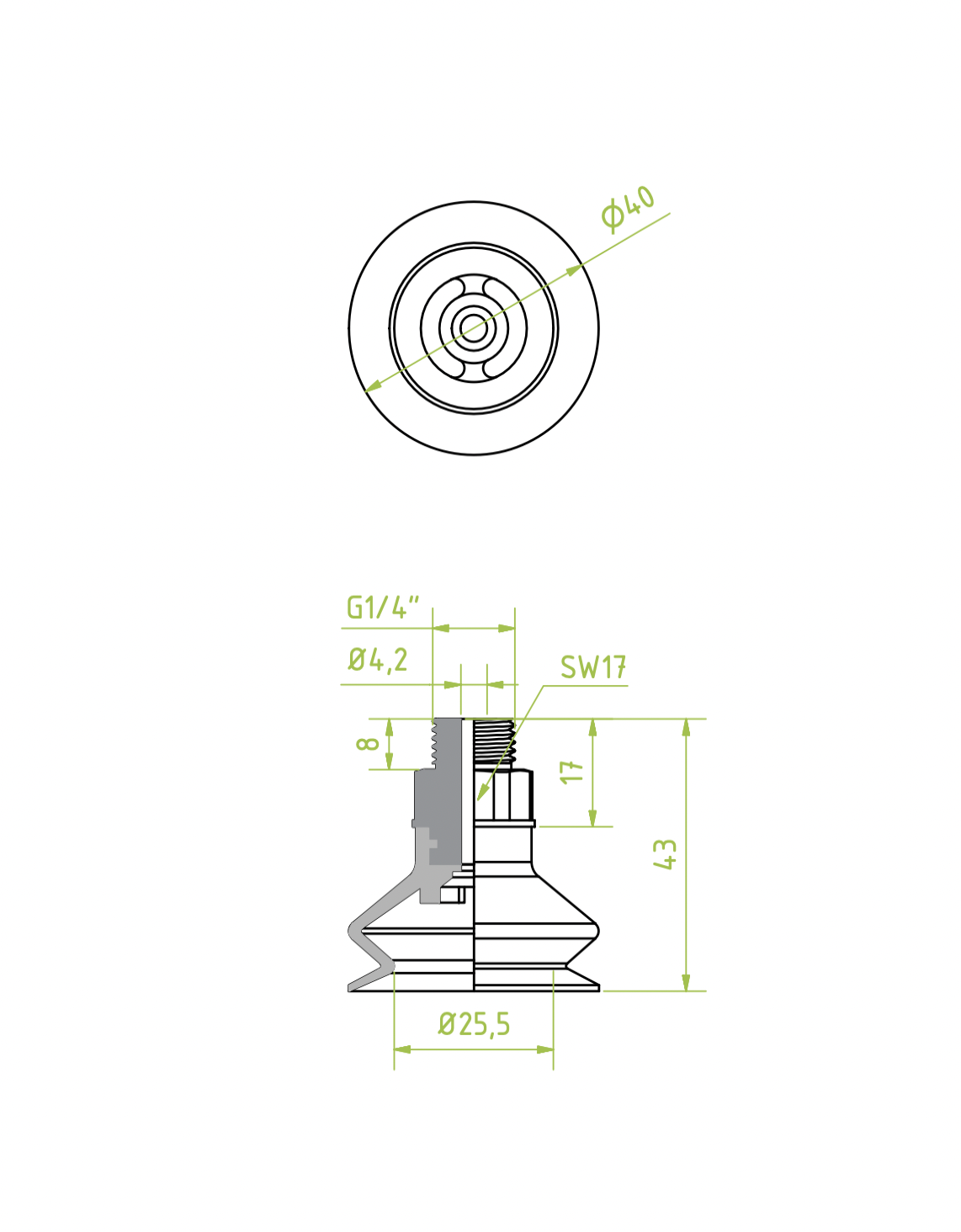 Harmonikás vákuumkorong, D= 40 mm, 1,5 redős, Integrált csatlakozó külső menet 1/4" vulkanizált, PU