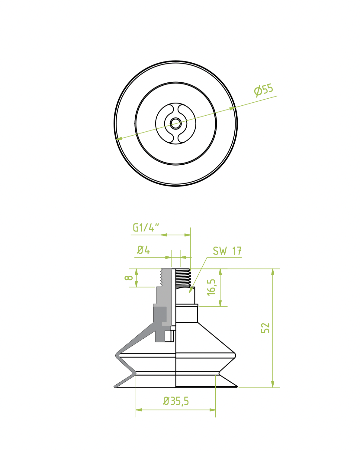 Harmonikás vákuumkorong, D= 55 mm, 1,5 redős, Integrált csatlakozó külső menet 1/4" vulkanizált alumínium, PU átlátszó 70° Shore