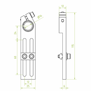 Rögzítőkar gömbcsuklóval, befogó átmérő 14 mm, állítható hossz 60 mm, horonyanyákkal