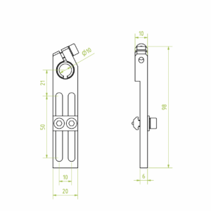 Rögzítőkar gömbcsuklóval, befogó átmérő 10 mm, állítható hossz 50 mm, horonyanyákkal