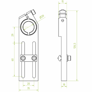 Rögzítőkar gömbcsuklóval, befogó átmérő 20 mm, állítható hossz 60 mm, horonyanyákkal