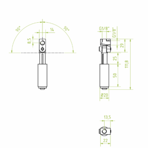 Vákuum korong tartó szár, rugós és elfordulásmentes, rugózás 25 mm, forgatható csatlakozó, tengely átmérő 20 mm, teljes hossz 111 mm, belső menet 2x 1/8"