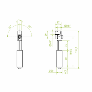 Vákuum korong tartó szár, rugós és elfordulásmentes, rugózás 35 mm, forgatható csatlakozó, tengely átmérő 20 mm, teljes hossz 136 mm, belső menet 2x 1/8"